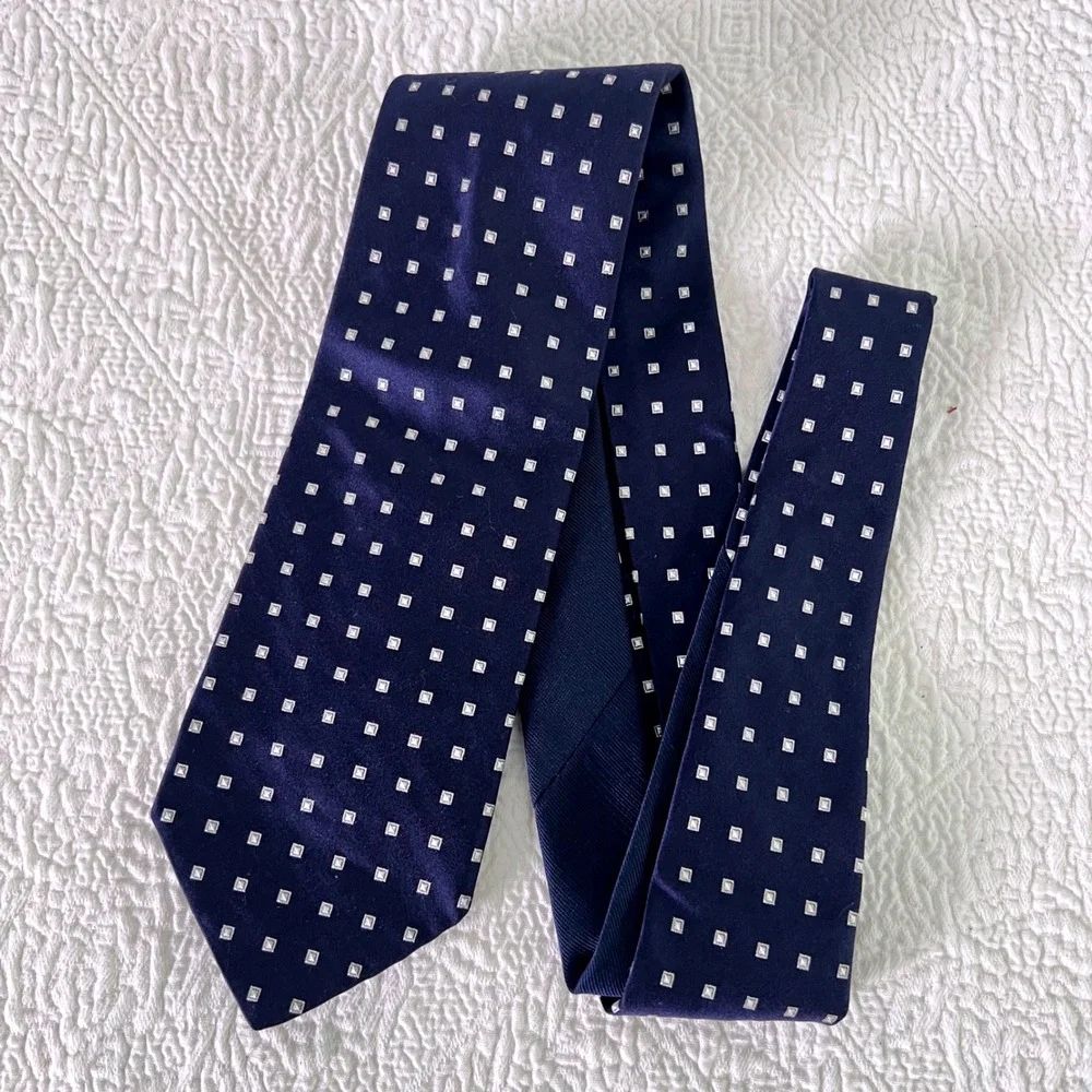 Tommy Hilfiger Silk Tie OS Mens Geometric Square Pin Dot Navy Blue Preppy USA